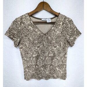 East 5th Women's Blouse‎ Top Short Sleeve V-Neck Casual Brown Petite L